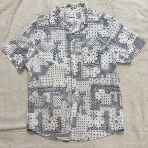 Express Button Up Shirt Mens Large Slim White & Blue All Over Print Short Sleeve